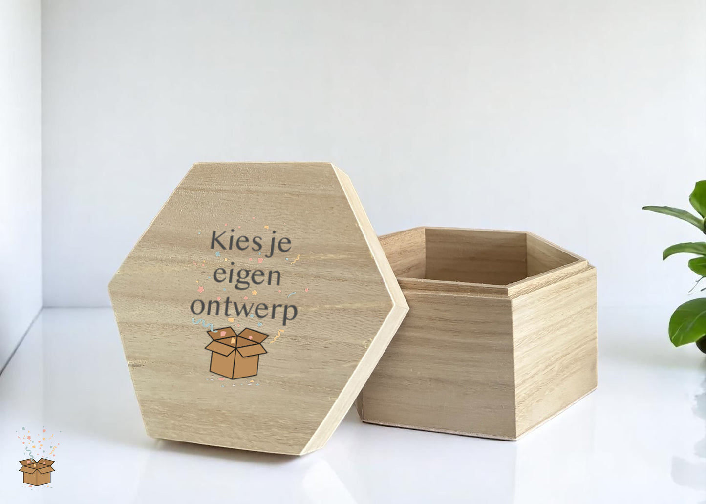 Houten doosje met los deksel - zeshoek - bedrukt