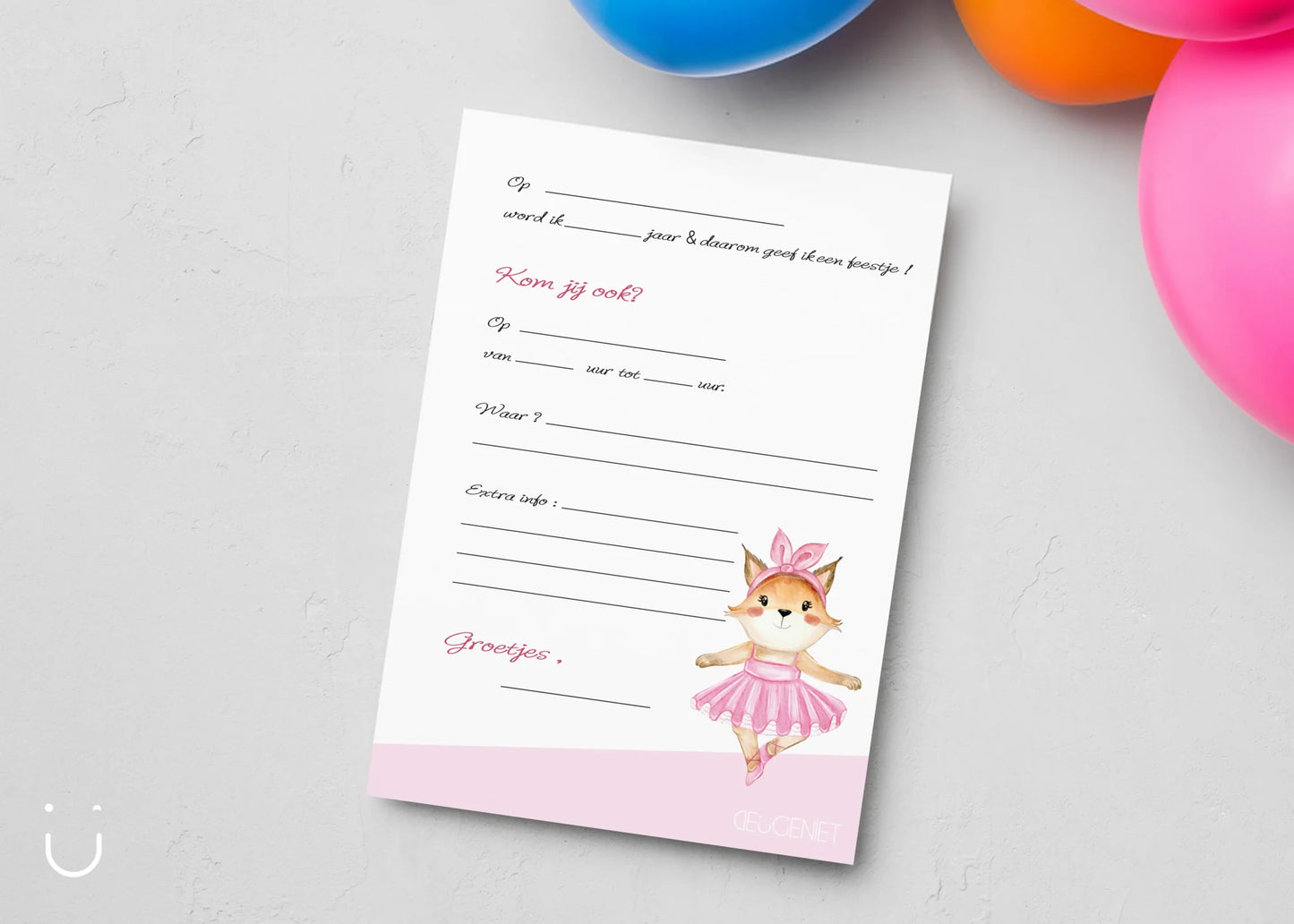 Uitnodiging kinderfeestje "Ballerina" + enveloppen - Deugeniet - Uitnodiging verjaardagsfeestje