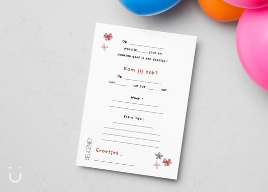 Uitnodiging kinderfeestje "Bloemetjes" + enveloppen - Deugeniet - Uitnodiging verjaardagsfeestje