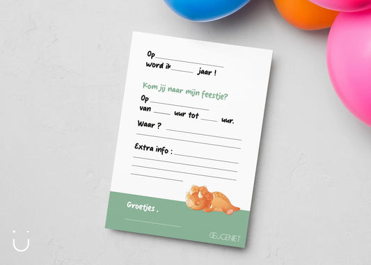 Uitnodiging kinderfeestje "Dino" + enveloppen - Deugeniet - Uitnodiging verjaardagsfeestje