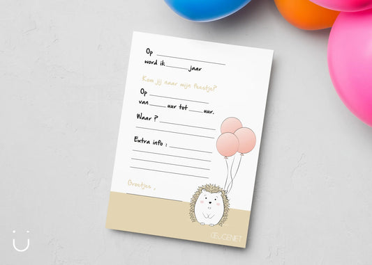 Uitnodiging kinderfeestje "Egeltje" + enveloppen - Deugeniet - Uitnodiging verjaardagsfeestje