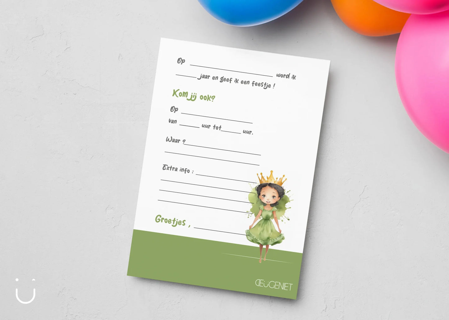 Uitnodiging kinderfeestje "Groene prinses" + enveloppen - Deugeniet - Uitnodiging verjaardagsfeestje