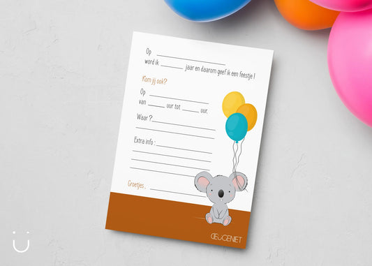 Uitnodiging kinderfeestje "Koala" + enveloppen - Deugeniet - Uitnodiging verjaardagsfeestje
