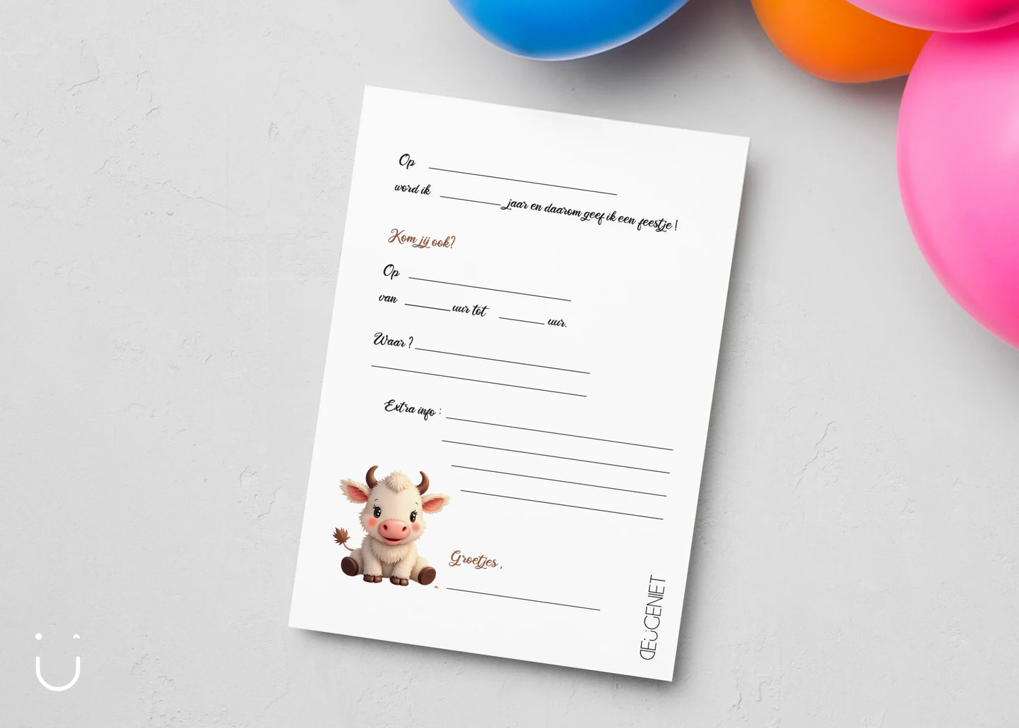 Uitnodiging kinderfeestje "Koe" + enveloppen - Deugeniet - Uitnodiging verjaardagsfeestje