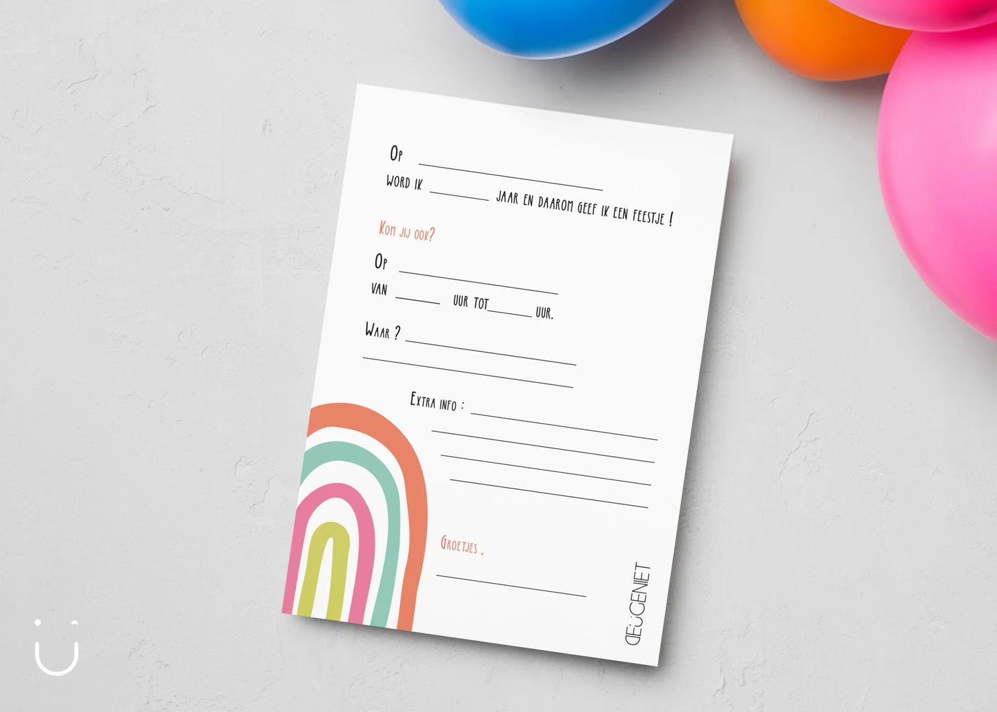 Uitnodiging kinderfeestje "Regenboog" + enveloppen - Deugeniet - Uitnodiging verjaardagsfeestje