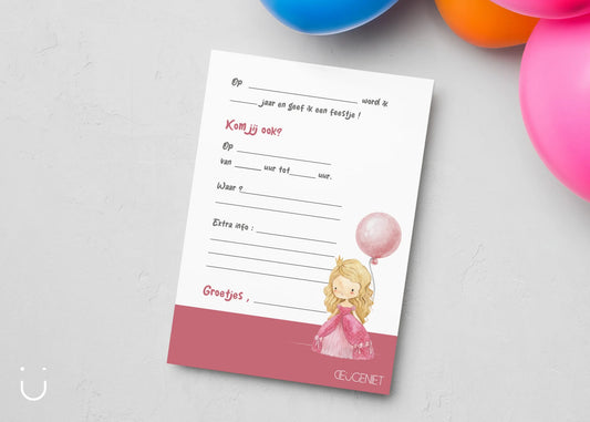 Uitnodiging kinderfeestje "Roze prinses" + enveloppen - Deugeniet - Uitnodiging verjaardagsfeestje