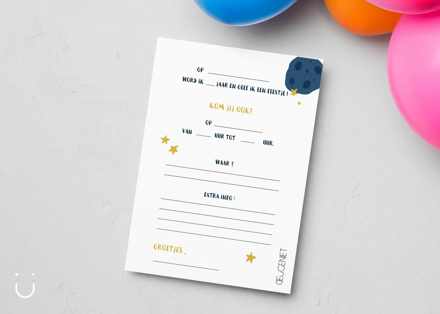 Uitnodiging kinderfeestje "Ruimte" + enveloppen - Deugeniet - Uitnodiging verjaardagsfeestje